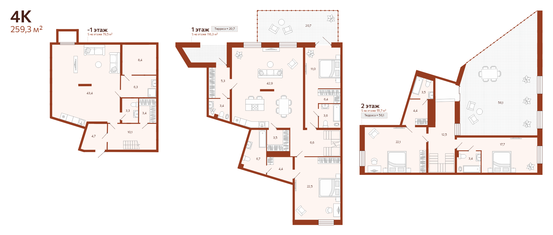 Планировка: 5-комнатная евро 259.3 м² в ЖК Новатор, Центр: КПД