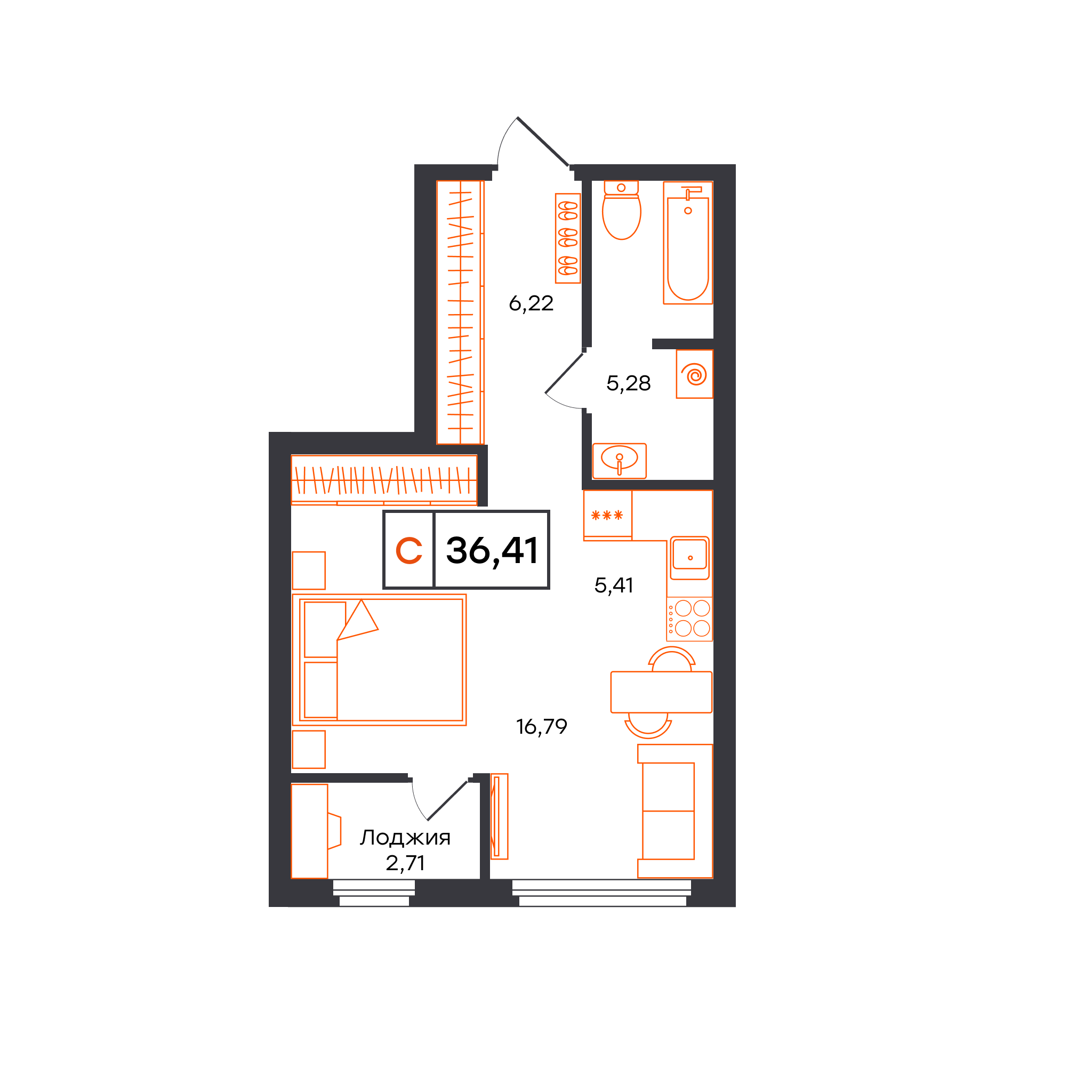 Планировка: Студия 36.4 м² в ЖК Отличие, Комарово Парк