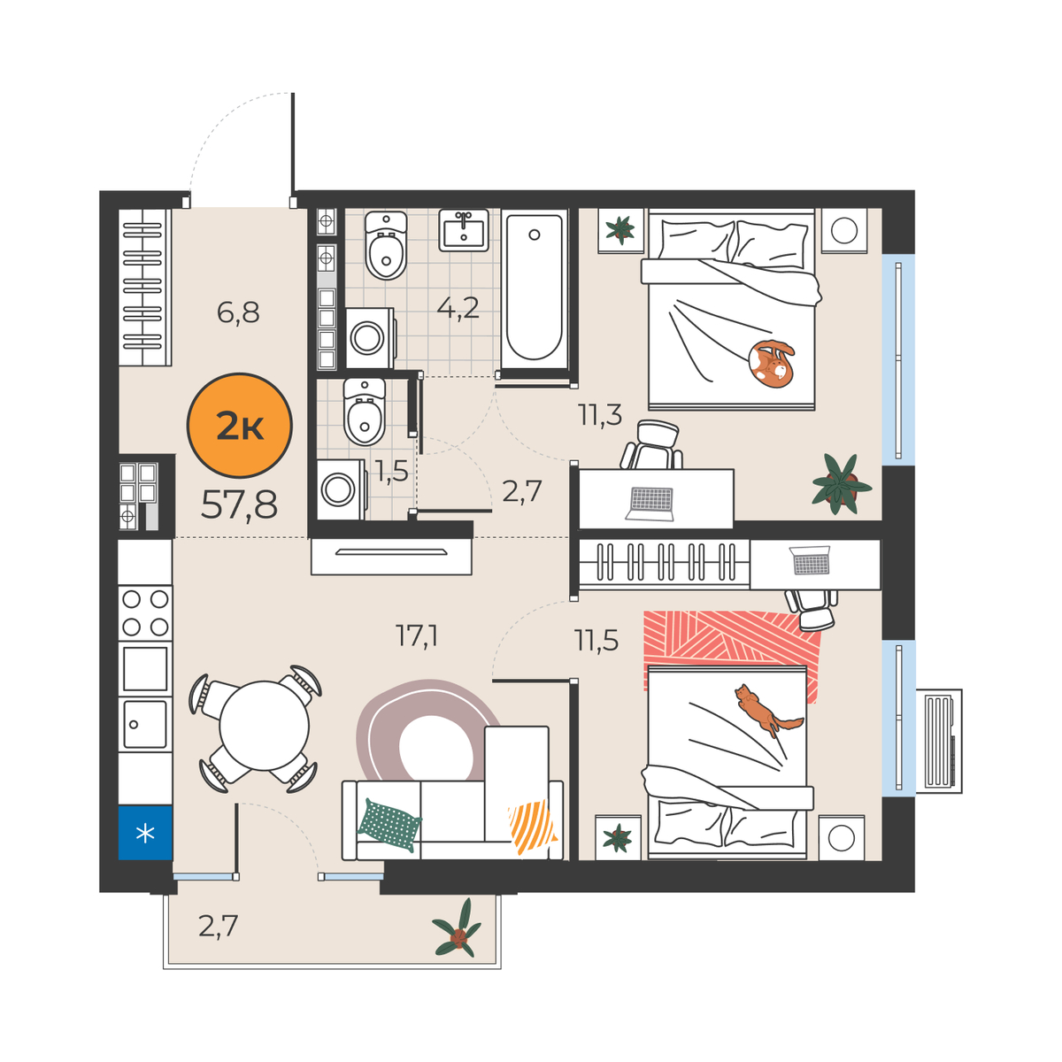 Планировка: Евротрешка 55.1 м² в ЖК Корней, Южный