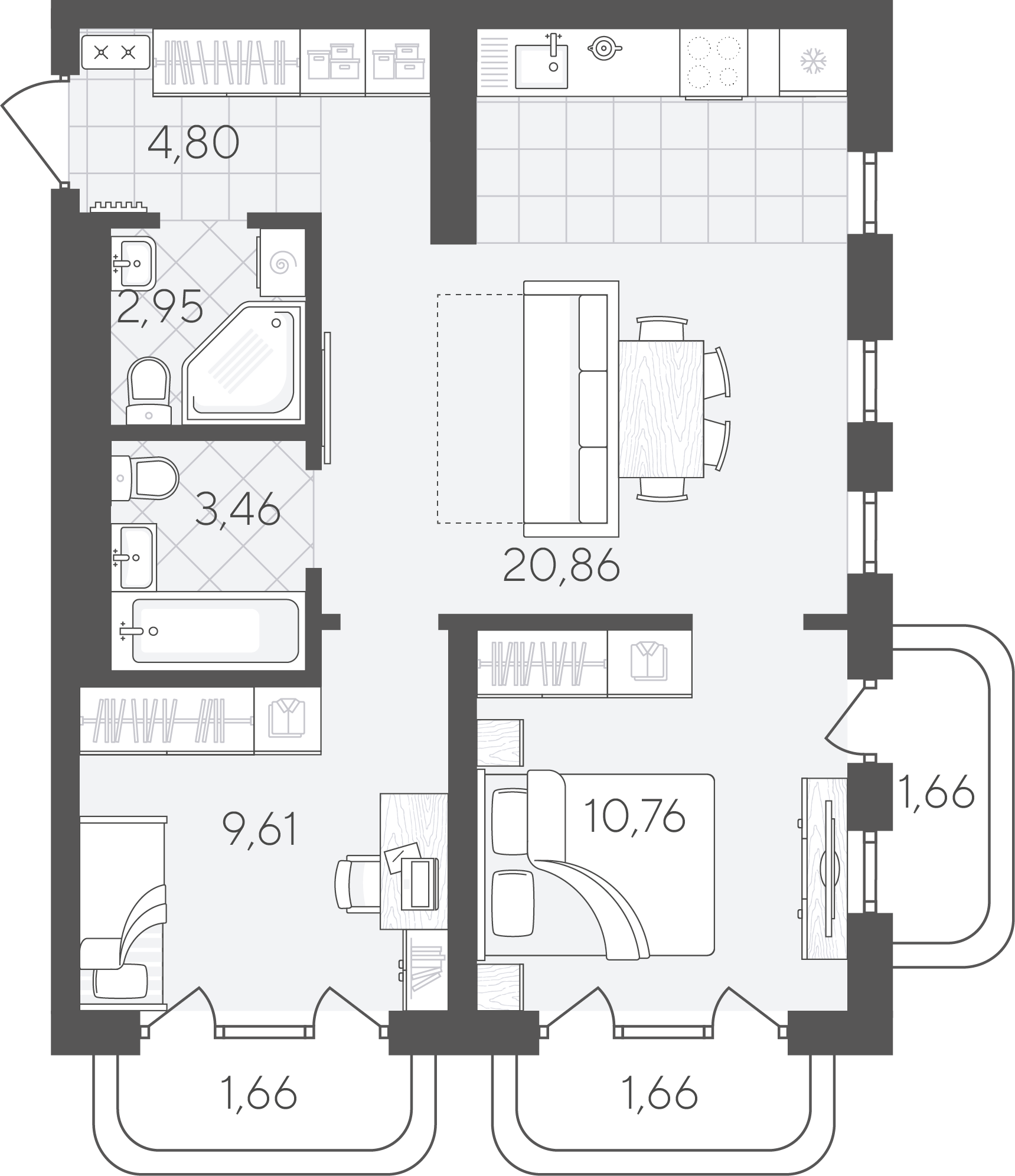 Планировка: Евротрешка 57.4 м² в ЖК Скандиа. Квартал в Слободе, Тюменская слобода