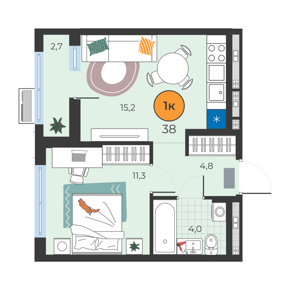 Планировка: Евродвушка 35.3 м² в ЖК Корней, Южный