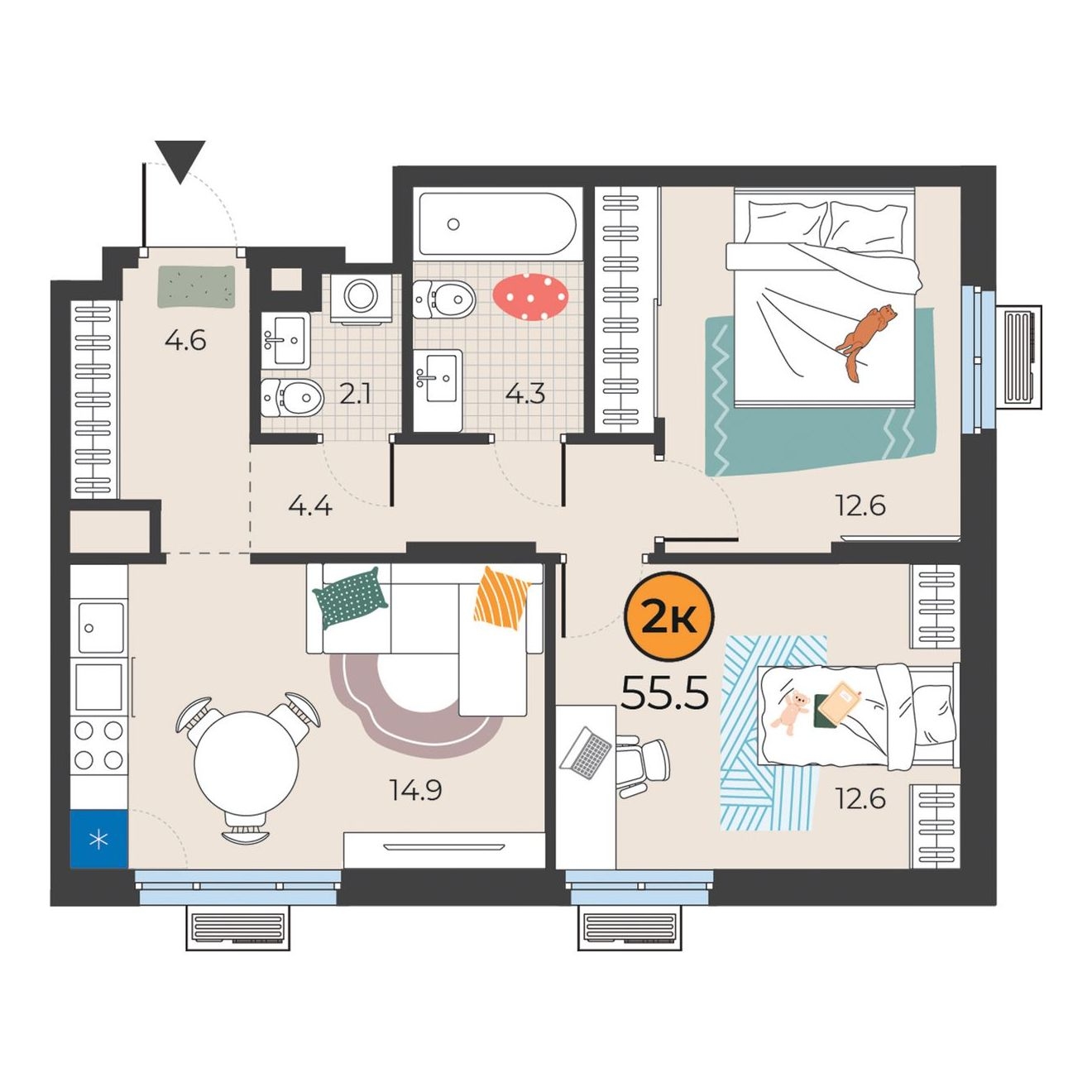 Планировка: Евротрешка 55.5 м² в ЖК Корней, Южный