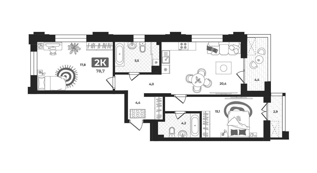 Планировка: Евротрешка 80.1 м² в ЖК Маэстро, 5-й Заречный