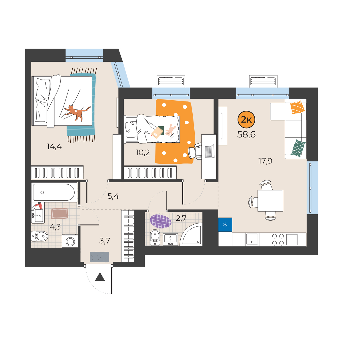 Планировка: Евротрешка 58.6 м² в ЖК Корней, Южный