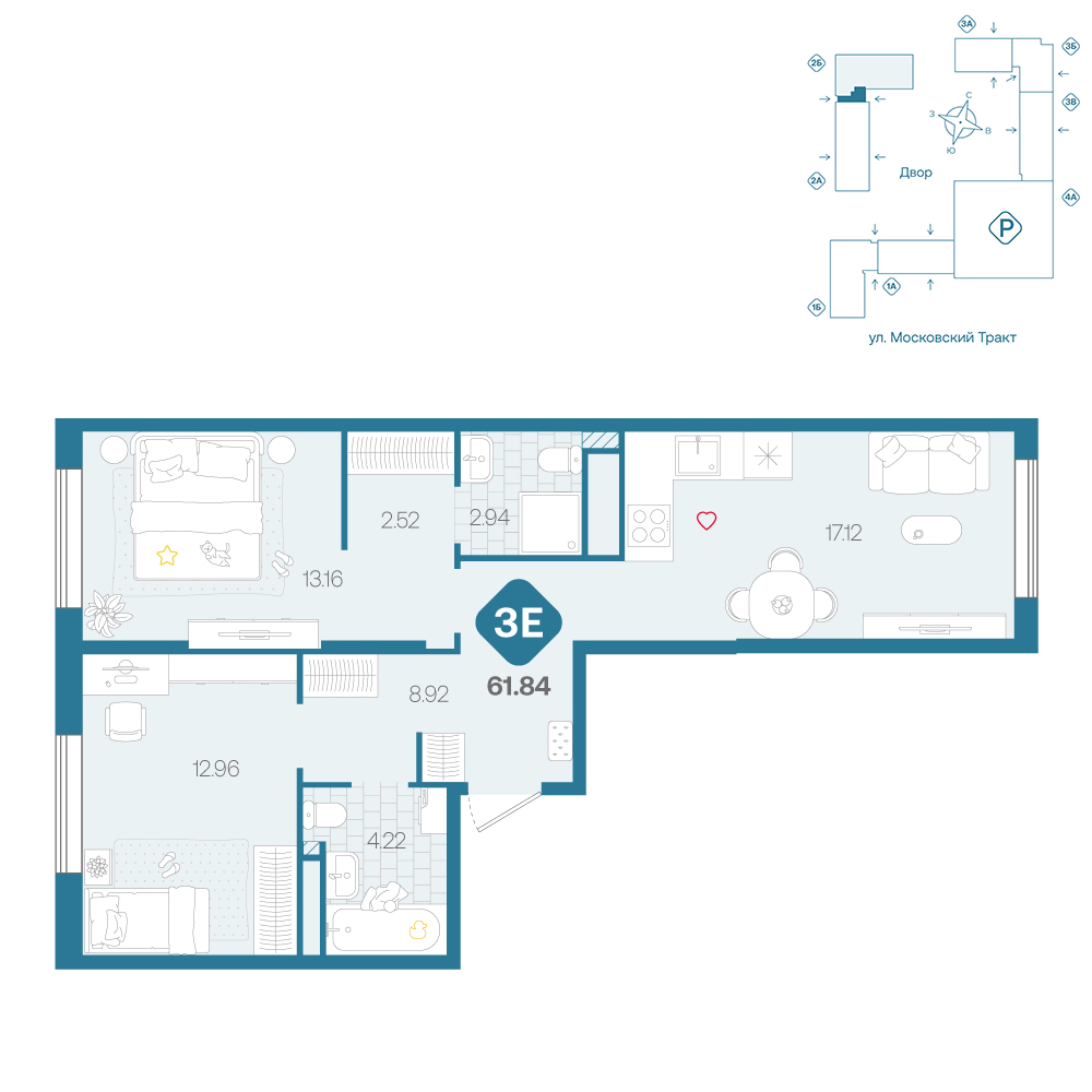 Планировка: Евротрешка 61.8 м² в ЖК Сибирский, Московский тракт