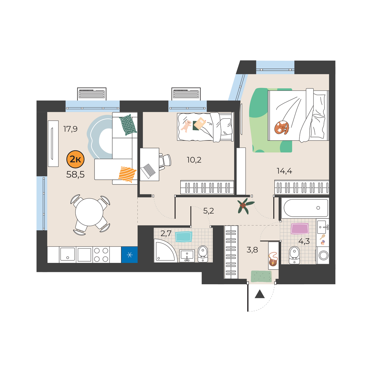 Планировка: Евротрешка 58.5 м² в ЖК Корней, Южный
