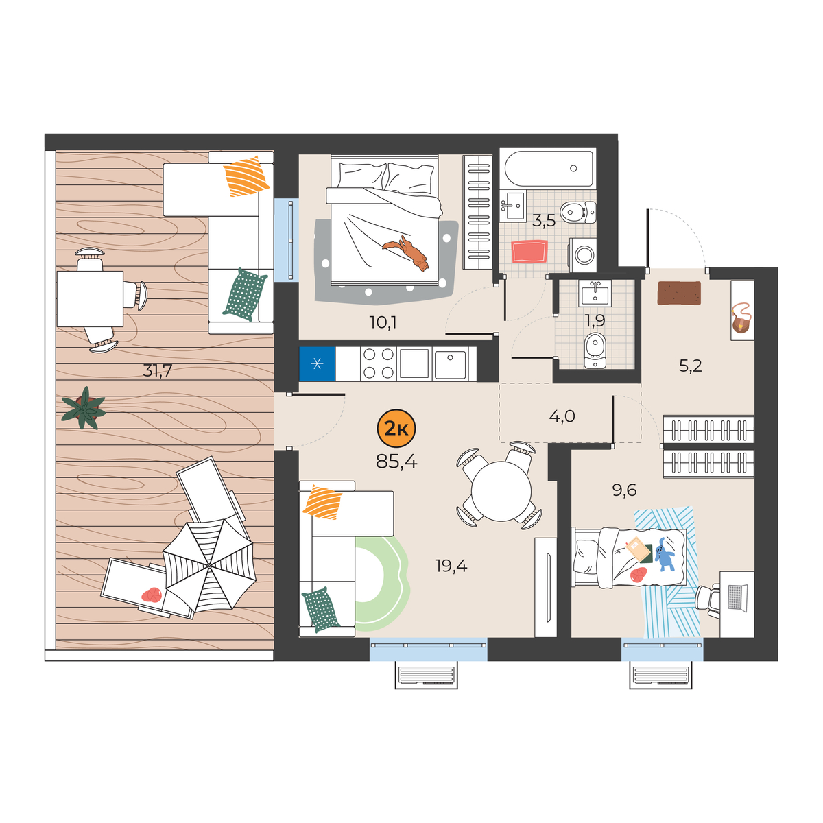 Планировка: Евротрешка 63.2 м² в ЖК Корней, Южный