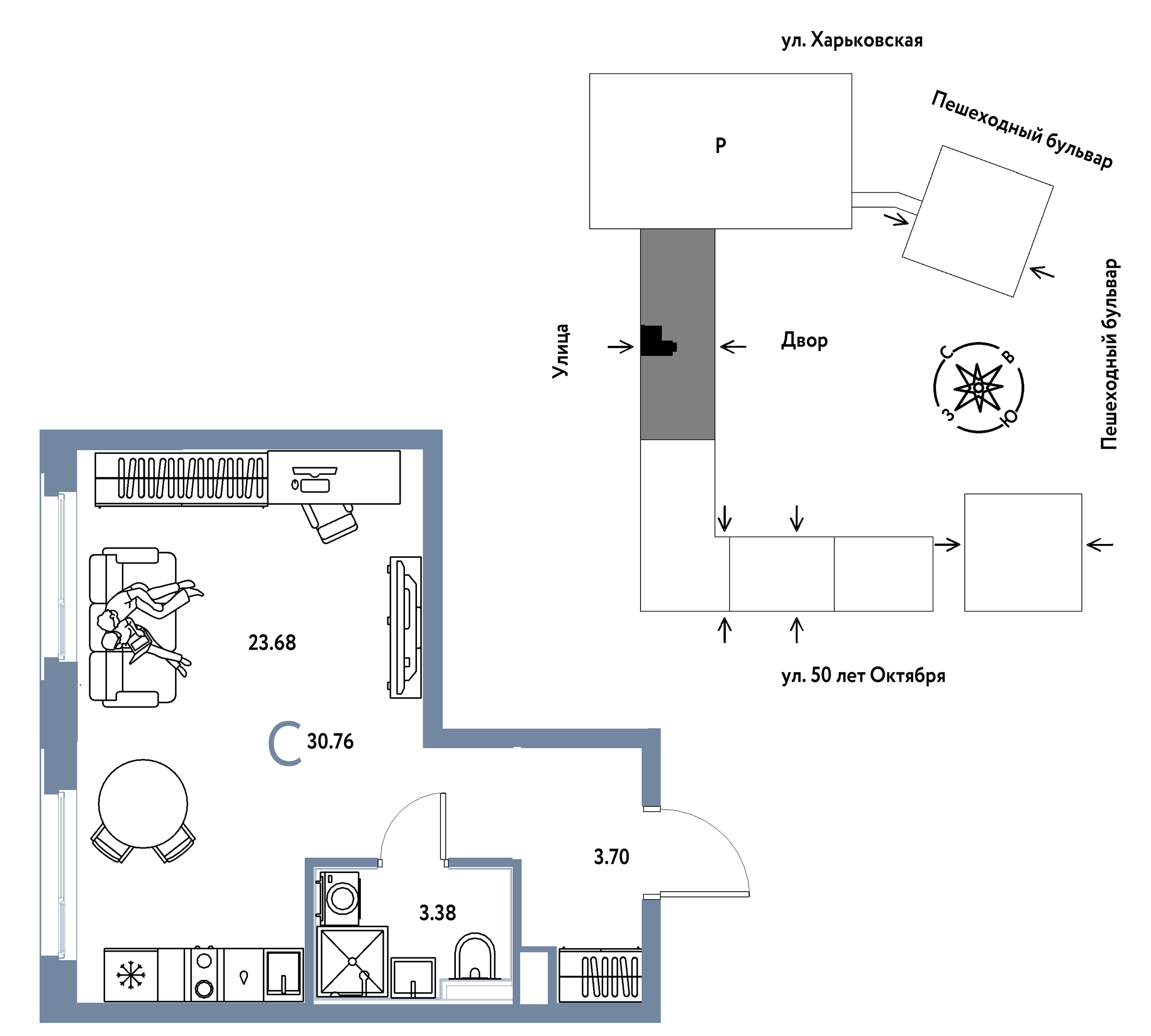 Планировка: Студия 30.8 м² в ЖК Сердце Сибири, Центр: КПД