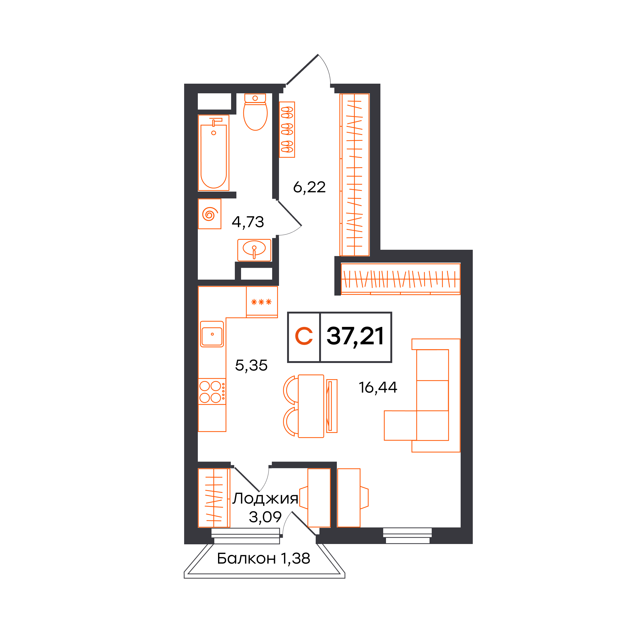 Планировка: Студия 37.2 м² в ЖК Отличие, Комарово Парк