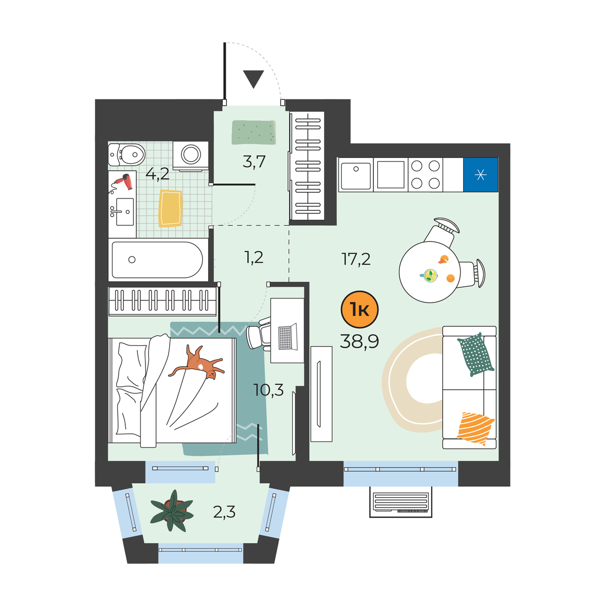 Планировка: Евродвушка 37.3 м² в ЖК Корней, Южный