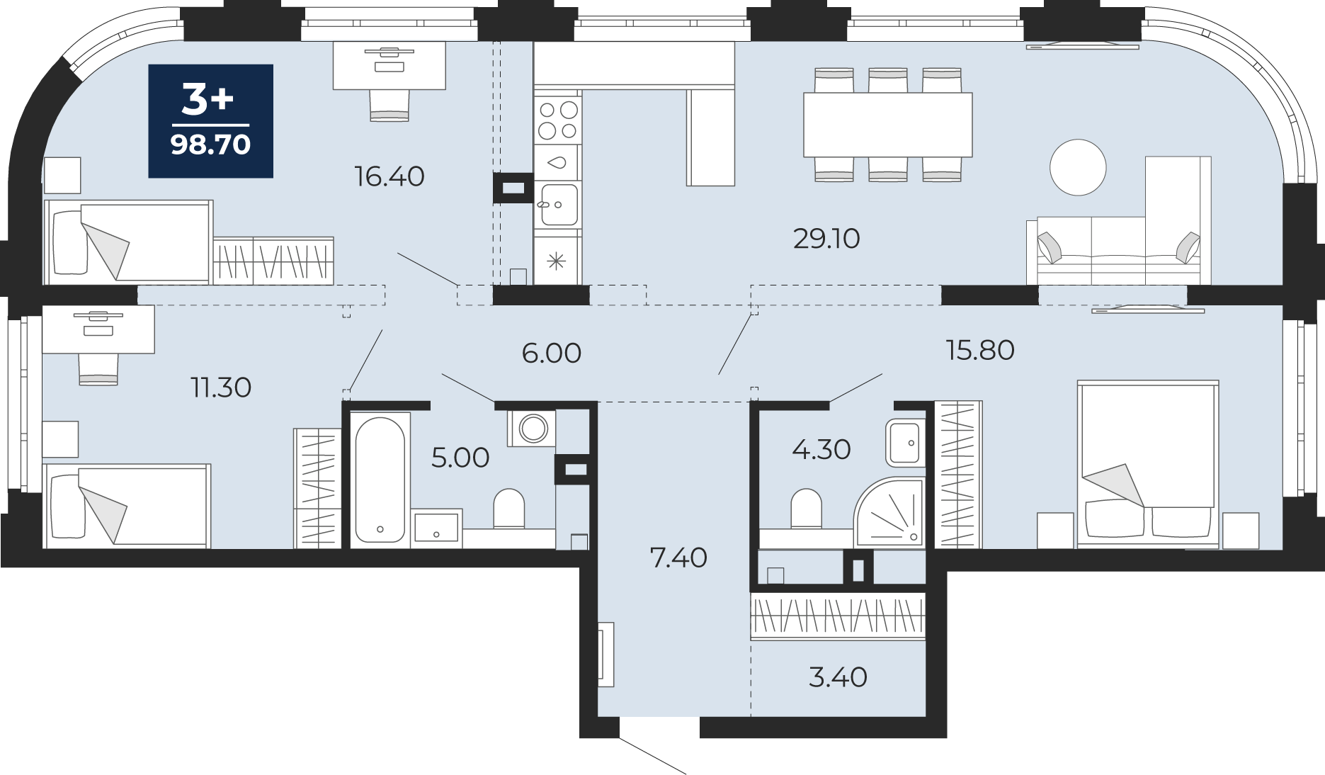 Планировка: 4-комнатная евро 98.7 м² в ЖК Айвазовский, 5-й Заречный