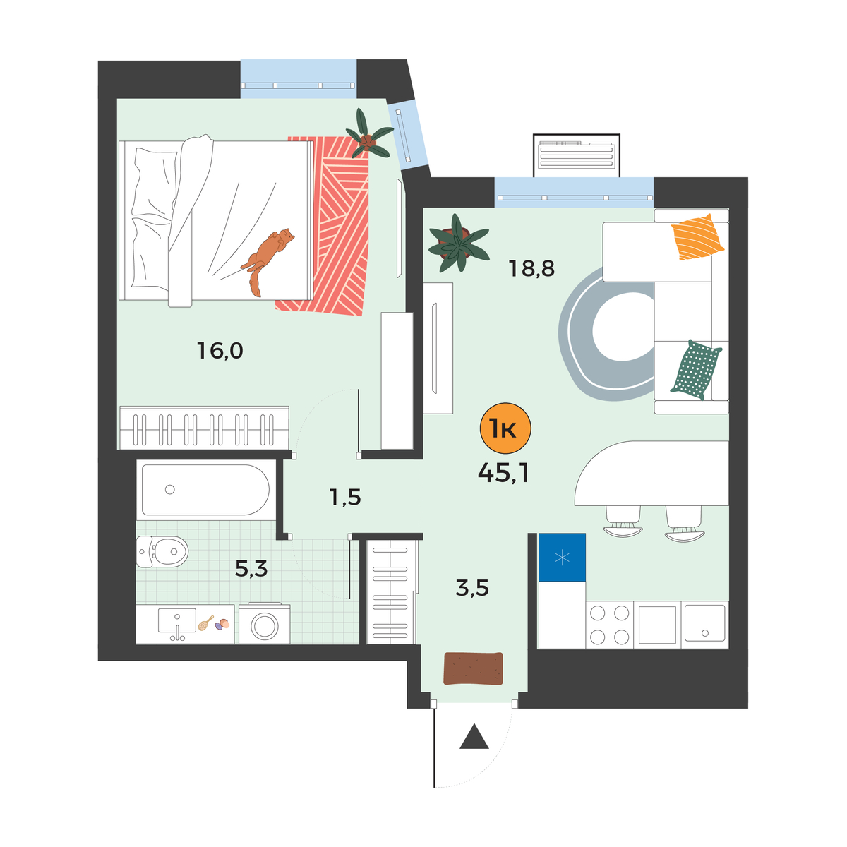 Планировка: Евродвушка 45.1 м² в ЖК Корней, Южный