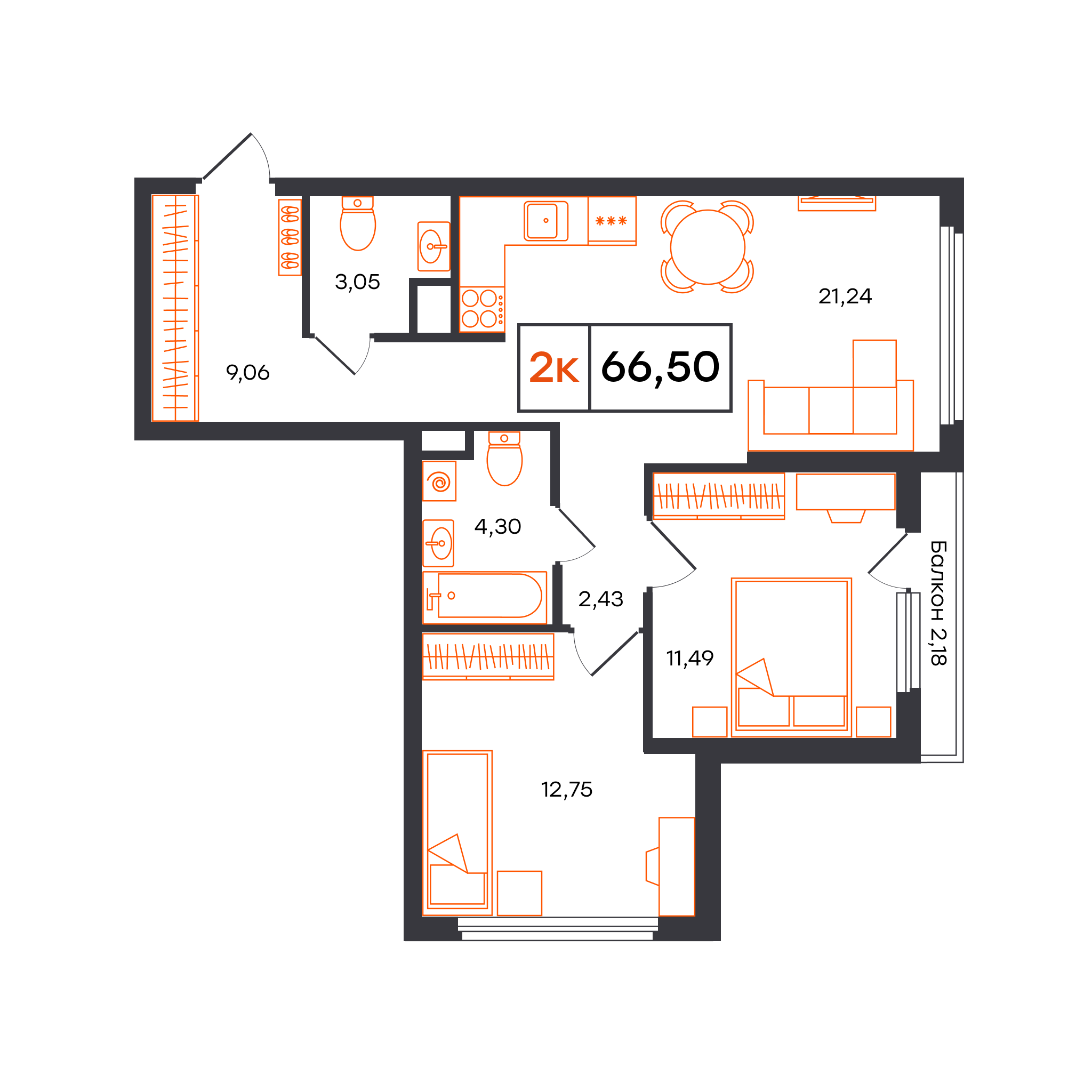 Планировка: Евротрешка 66.5 м² в ЖК Отличие, Комарово Парк