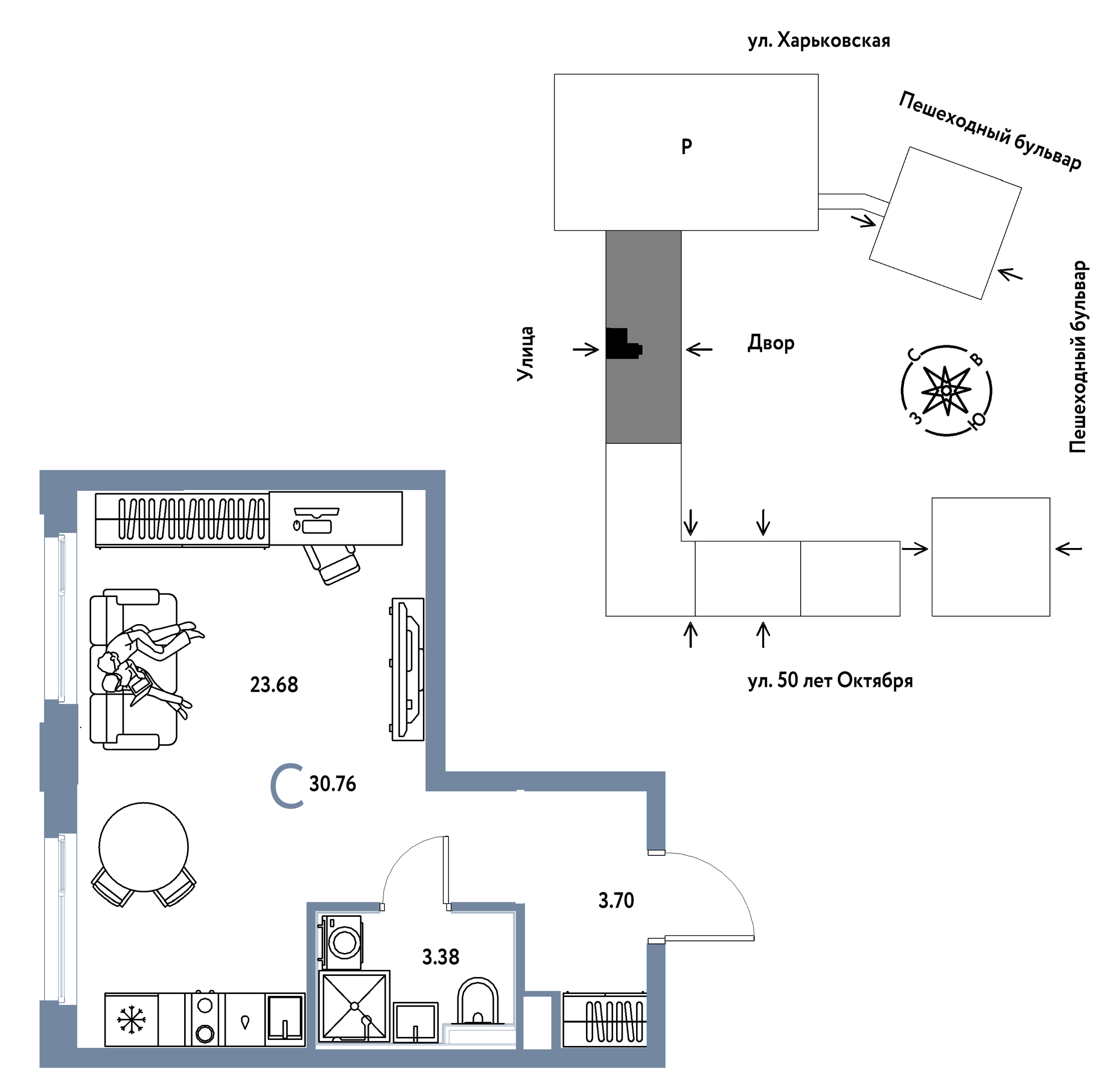 Планировка: Студия 30.8 м² в ЖК Сердце Сибири, Центр: КПД