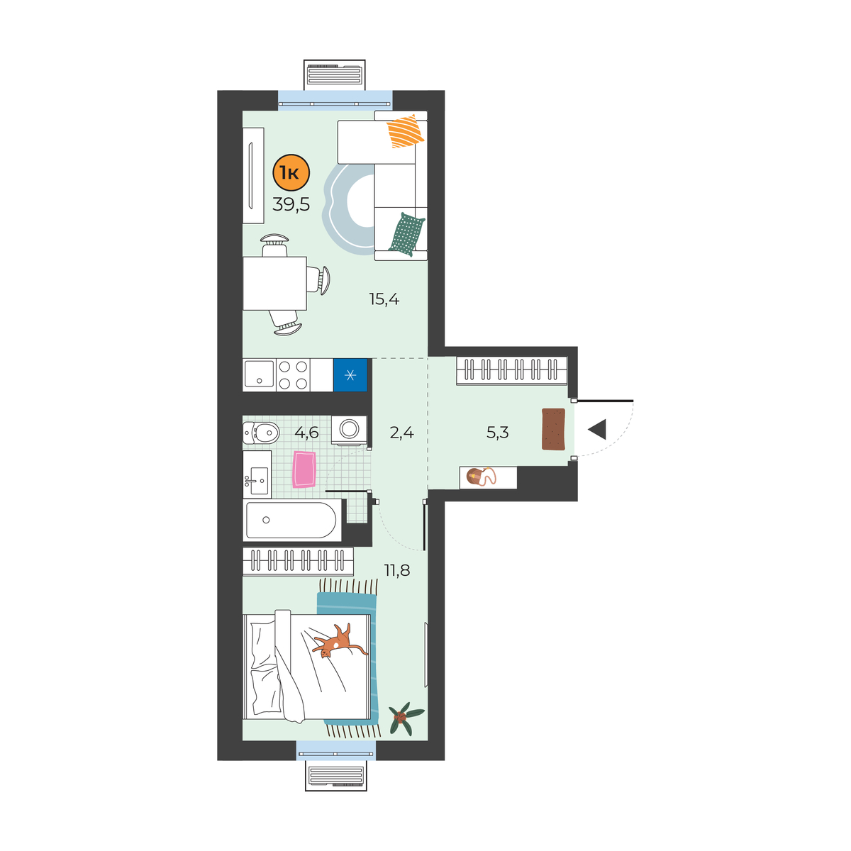Планировка: Евродвушка 39.5 м² в ЖК Корней, Южный