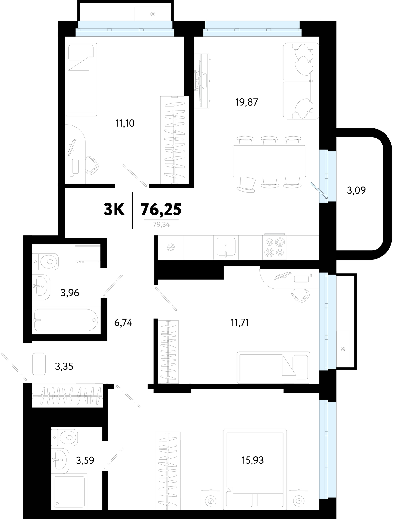 Планировка: 4-комнатная евро 76.2 м² в ЖК Символ, Комарово Парк