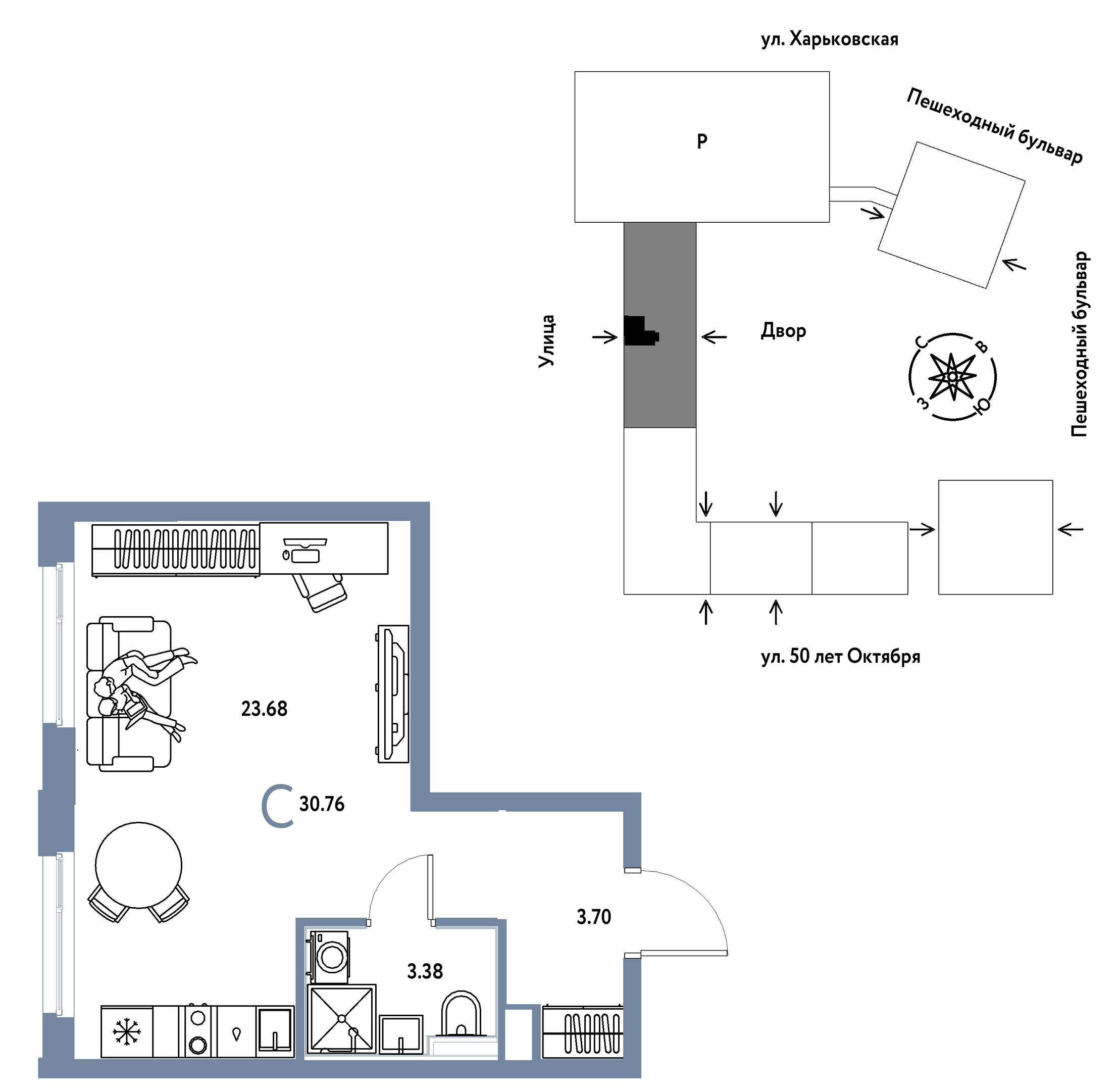 Планировка: Студия 30.8 м² в ЖК Сердце Сибири, Центр: КПД