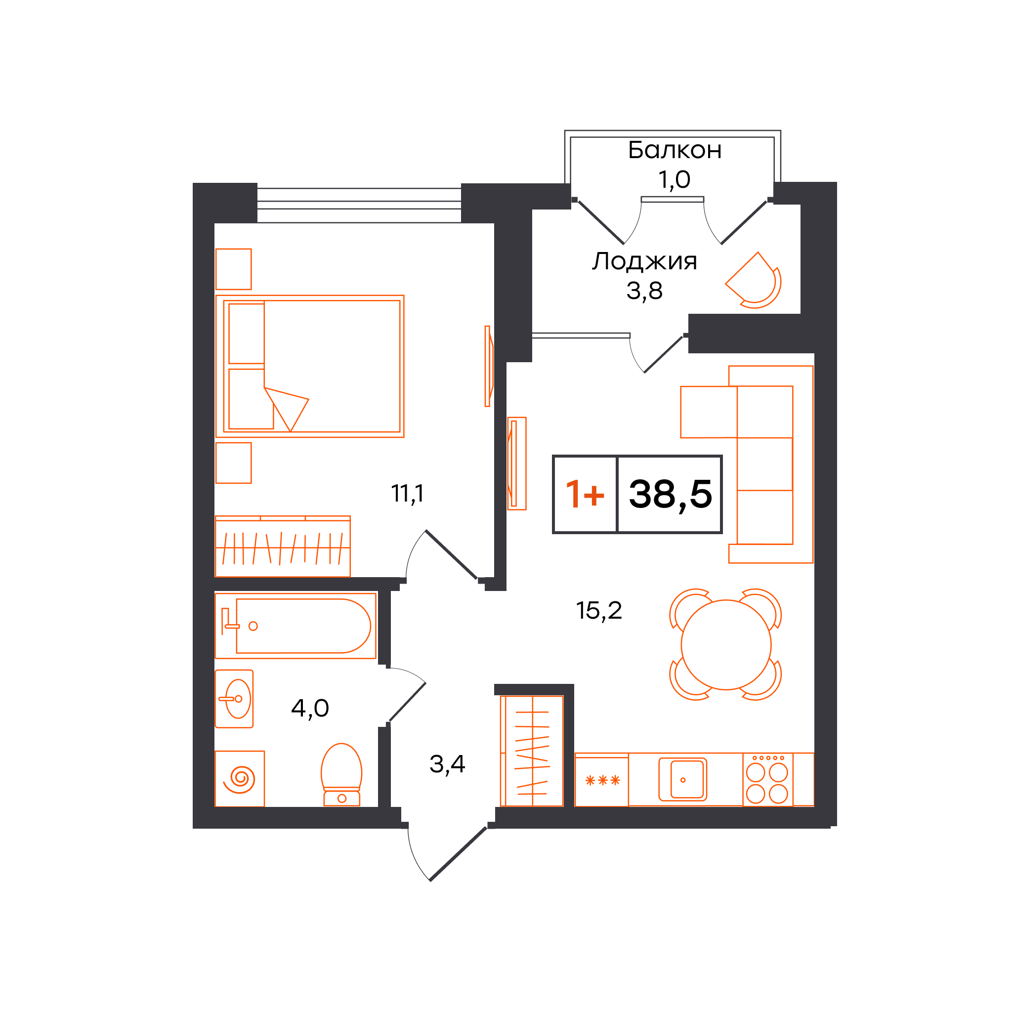 Планировка: Евродвушка 38.5 м² в ЖК Умный квартал UNO, Московский тракт