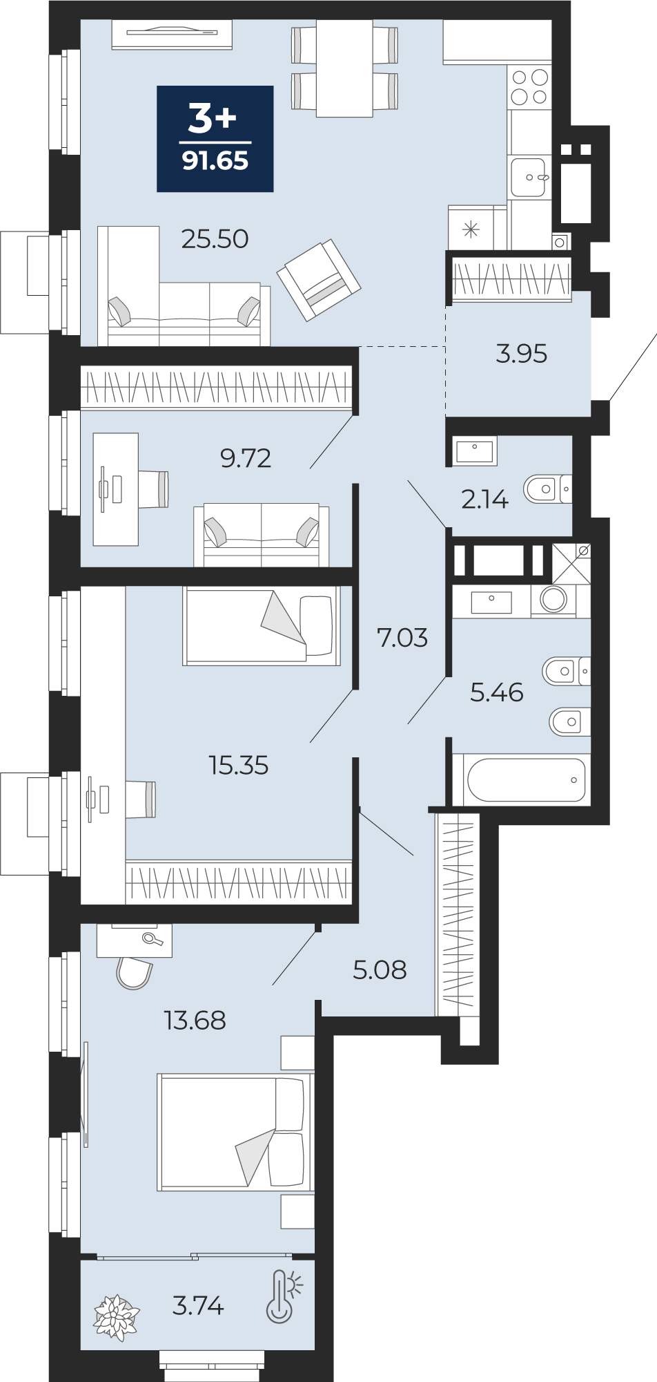 Планировка: 4-комнатная евро 91.7 м² в ЖК Айвазовский, 5-й Заречный