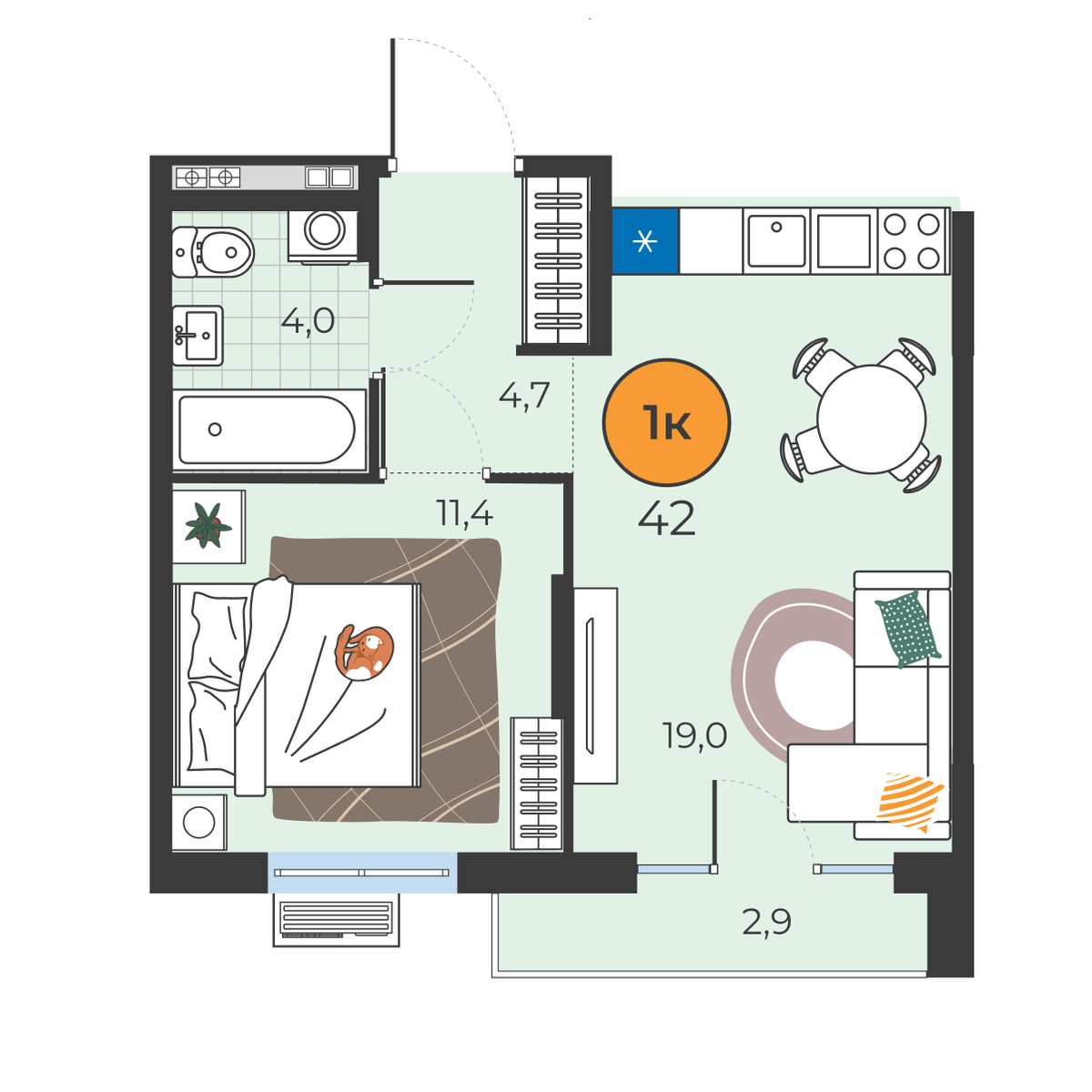 Планировка: Евродвушка 39.1 м² в ЖК Корней, Южный