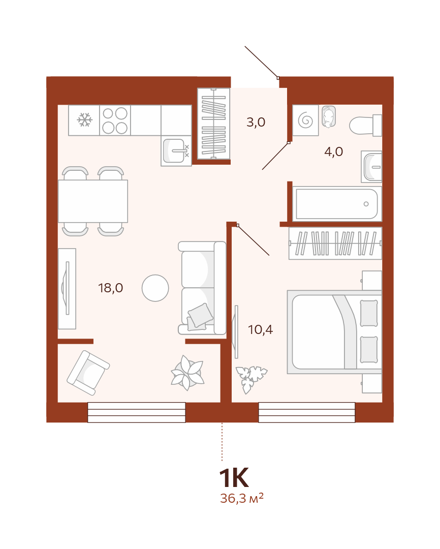 Планировка: Евродвушка 36.3 м² в ЖК Новатор, Центр: КПД