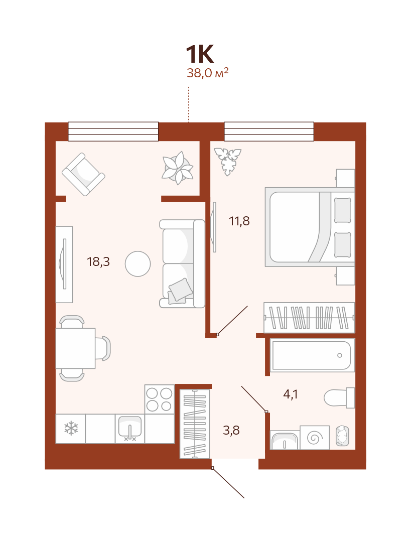 Планировка: Евродвушка 38 м² в ЖК Новатор, Центр: КПД
