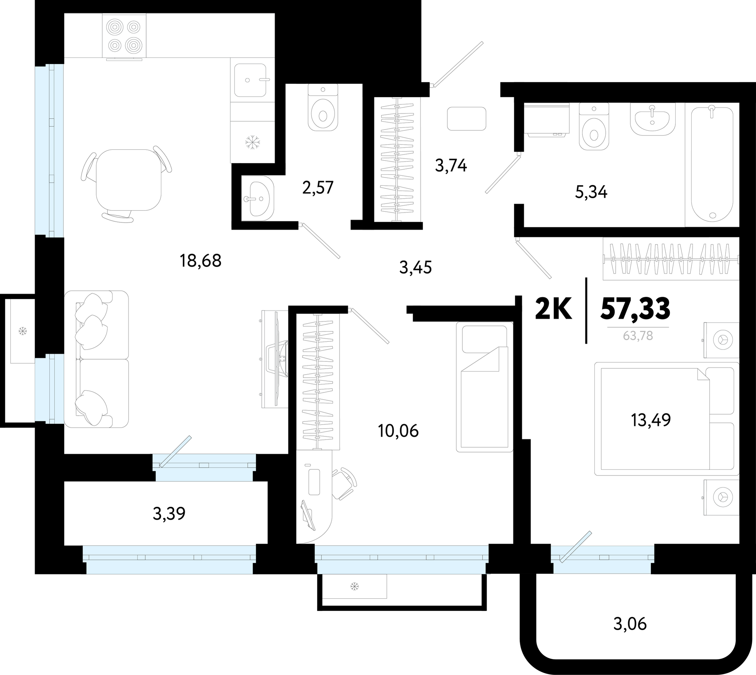 Планировка: Евротрешка 57.3 м² в ЖК Символ, Комарово Парк