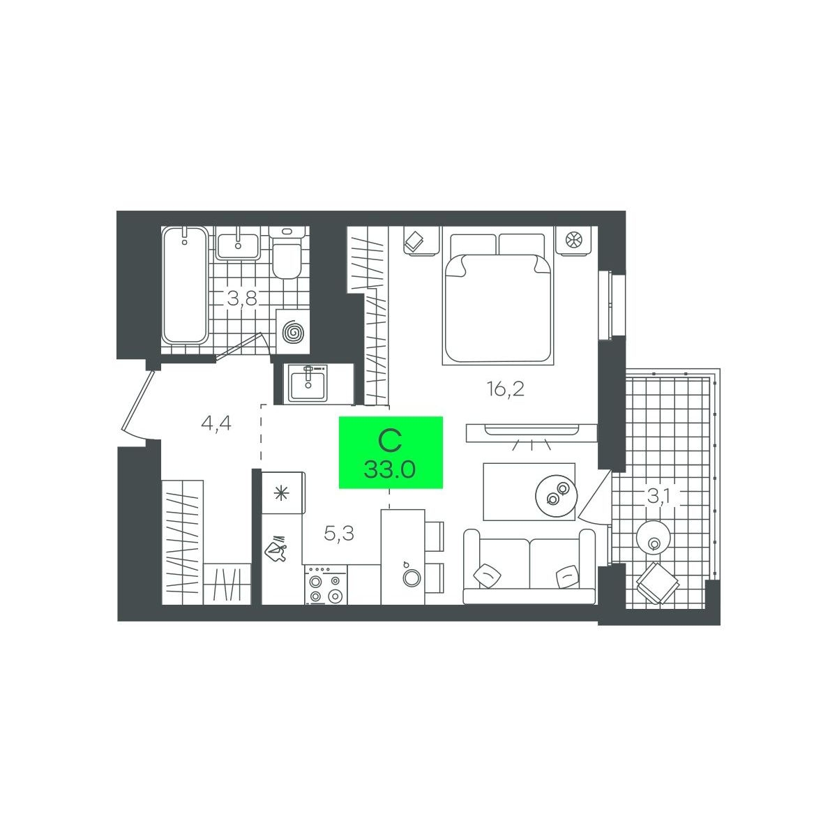 Планировка: Студия 33.1 м² в ЖК Сезоны, От Слободы до Комарово парк