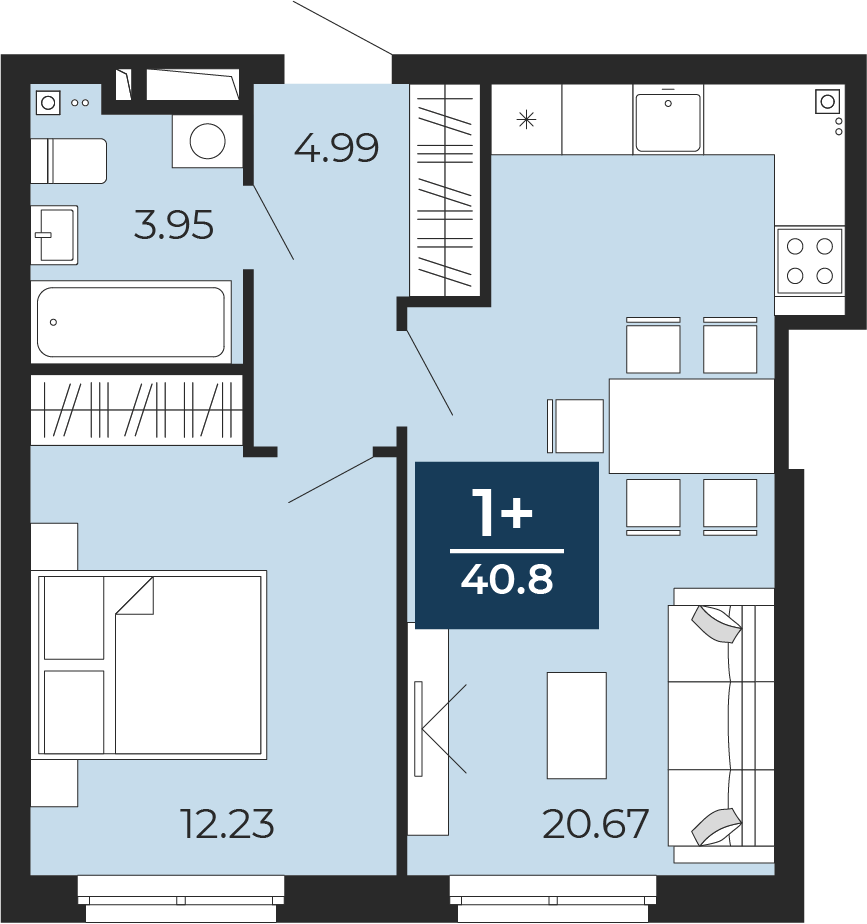 Планировка: Евродвушка 41.8 м² в ЖК Прео, Тюменская слобода