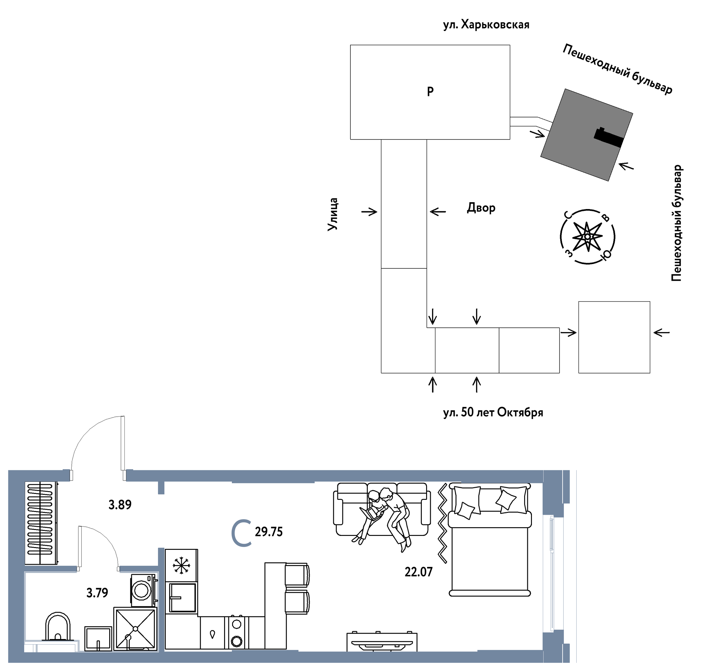 Планировка: Студия 29.8 м² в ЖК Сердце Сибири, Центр: КПД