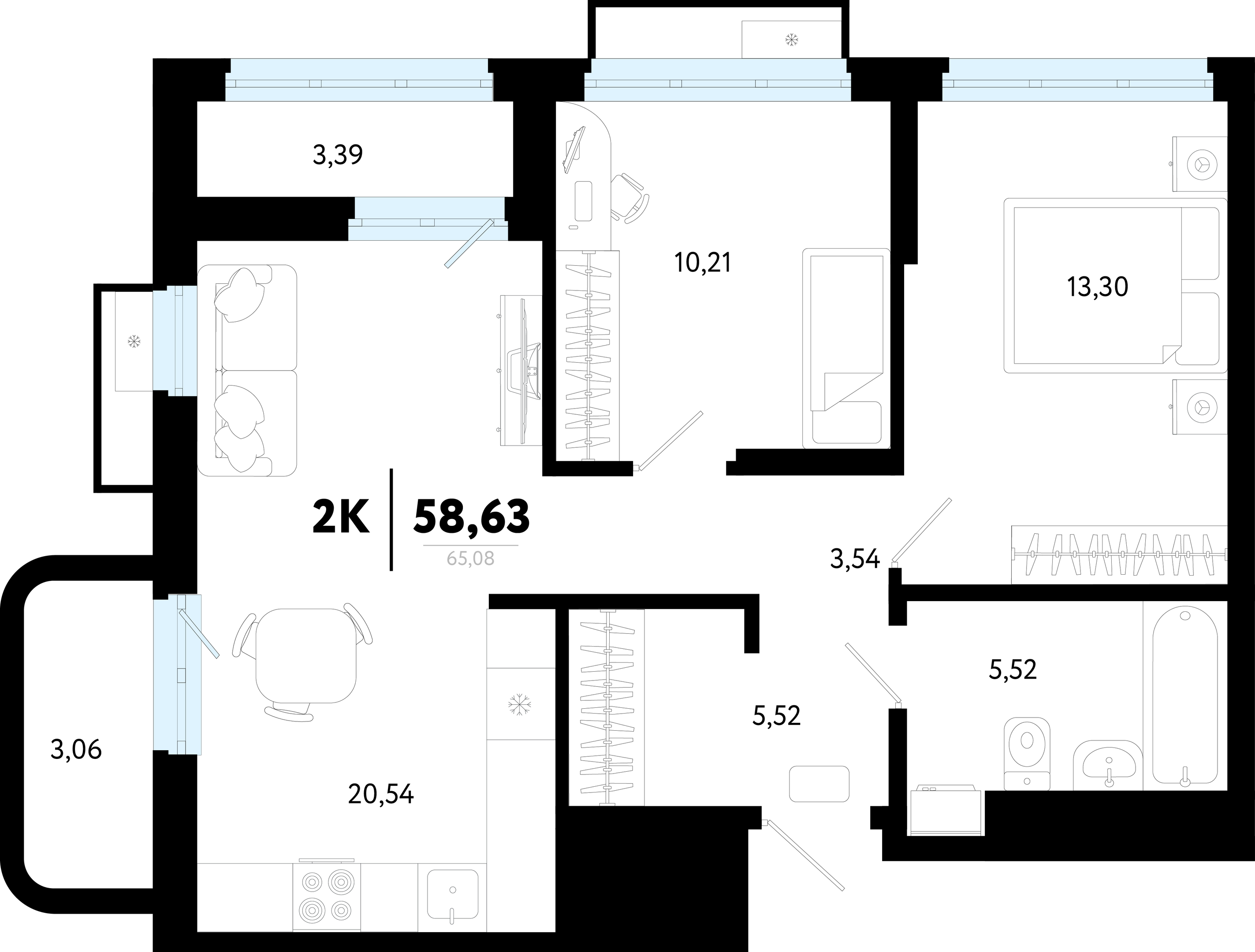 Планировка: Евротрешка 58.6 м² в ЖК Символ, Комарово Парк