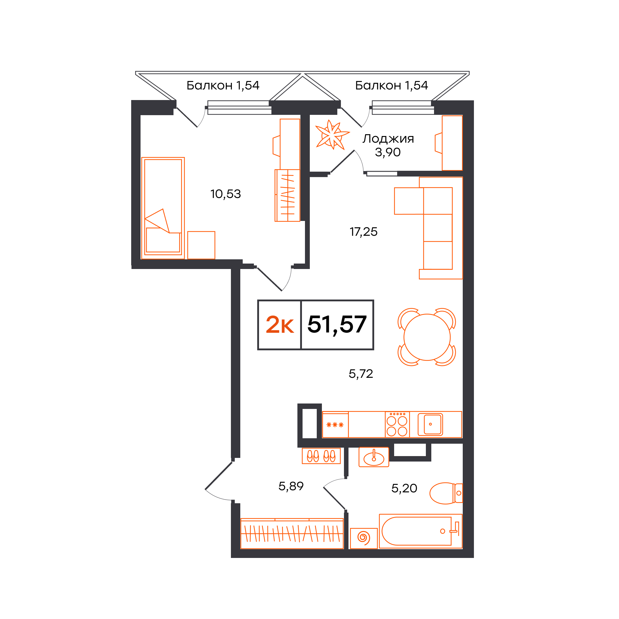 Планировка: Евродвушка 51.6 м² в ЖК Отличие, Комарово Парк