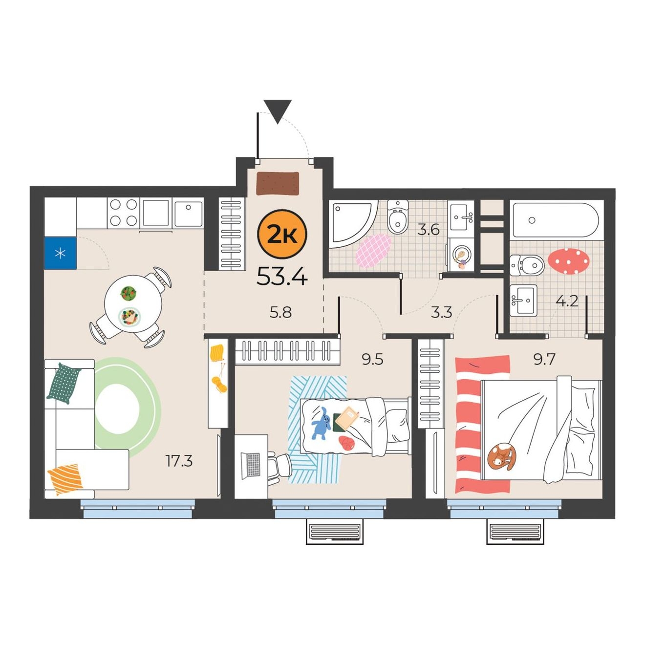 Планировка: Евротрешка 53.4 м² в ЖК Корней, Южный