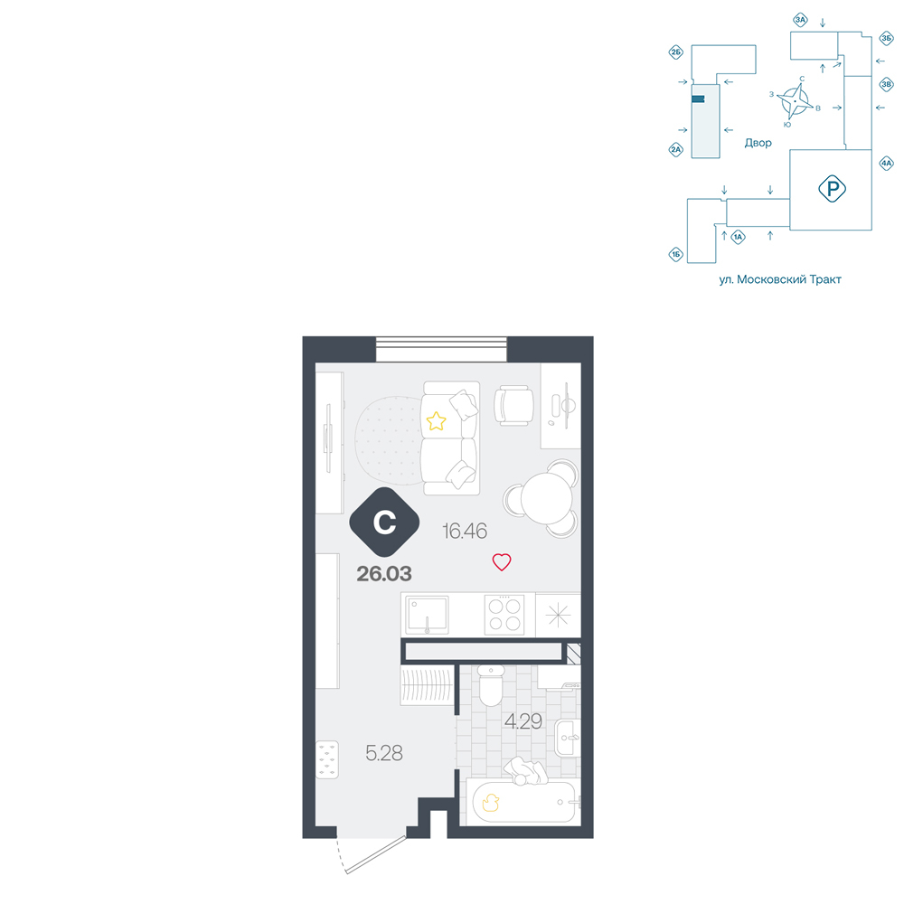 Планировка: Студия 26 м² в ЖК Сибирский, Московский тракт
