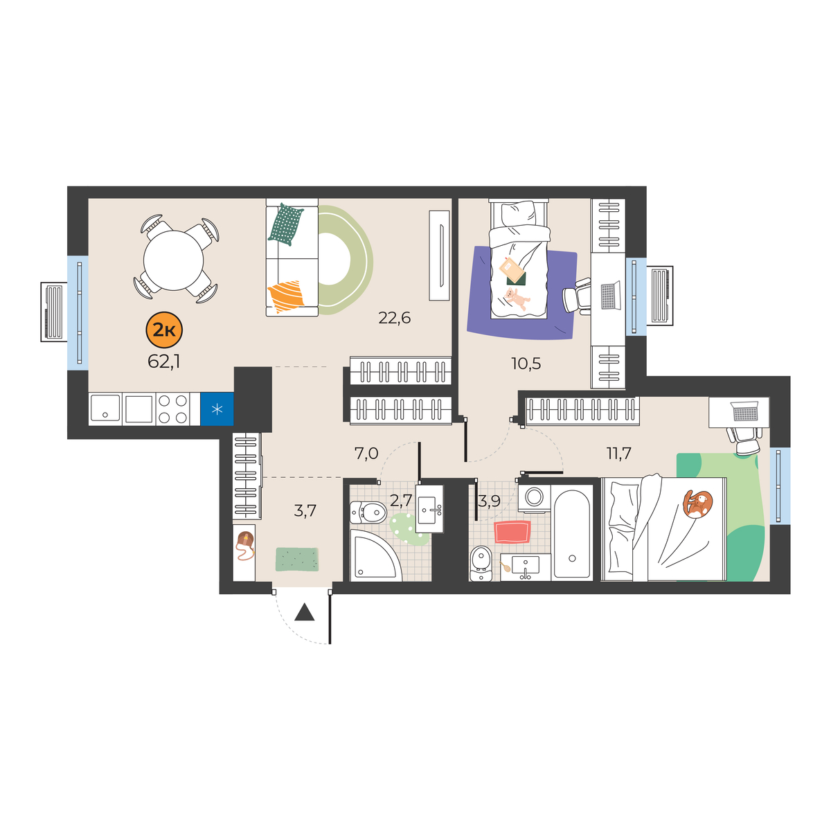 Планировка: Евротрешка 62.1 м² в ЖК Корней, Южный