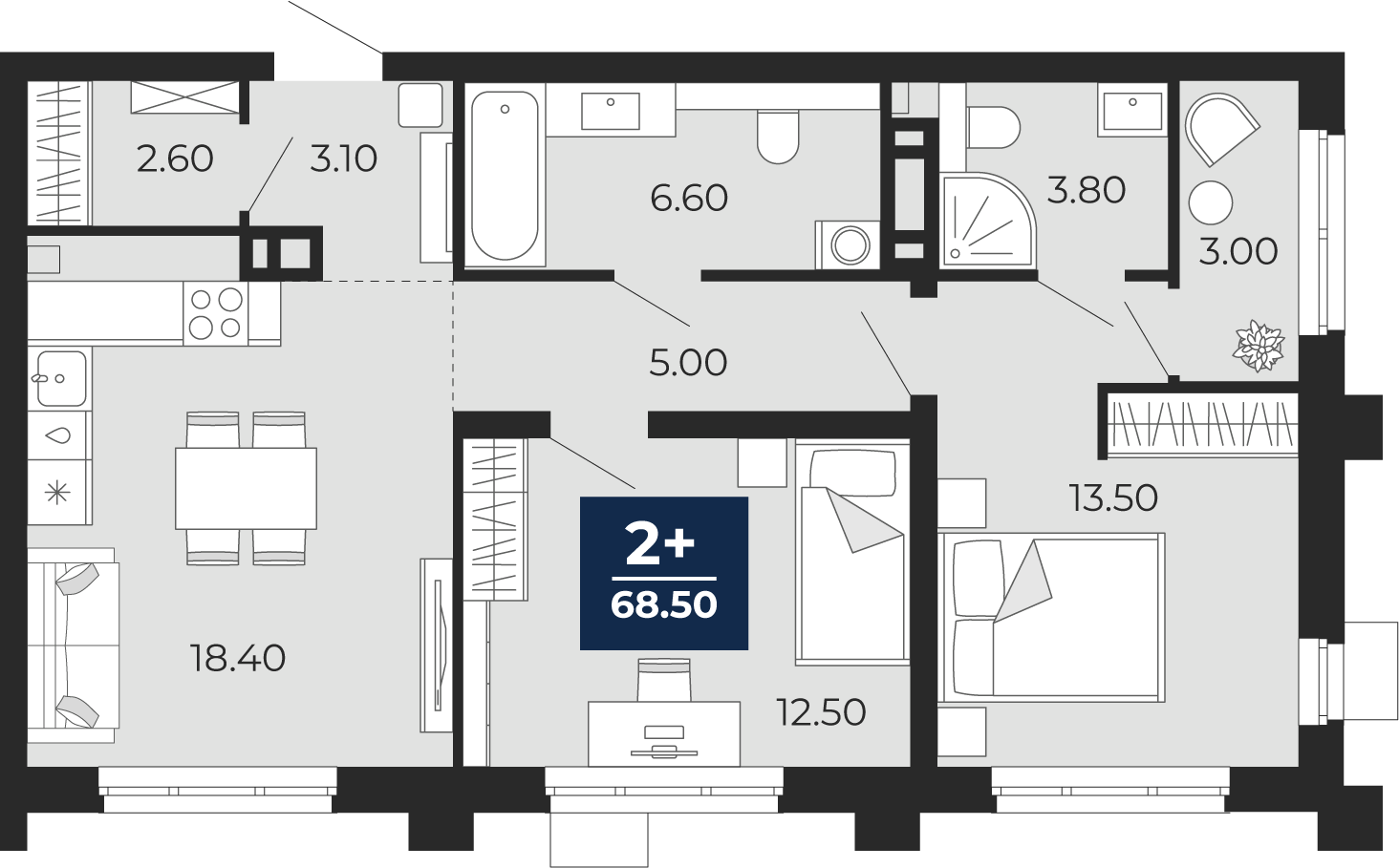 Планировка: Евротрешка 65.5 м² в ЖК Айвазовский, 5-й Заречный