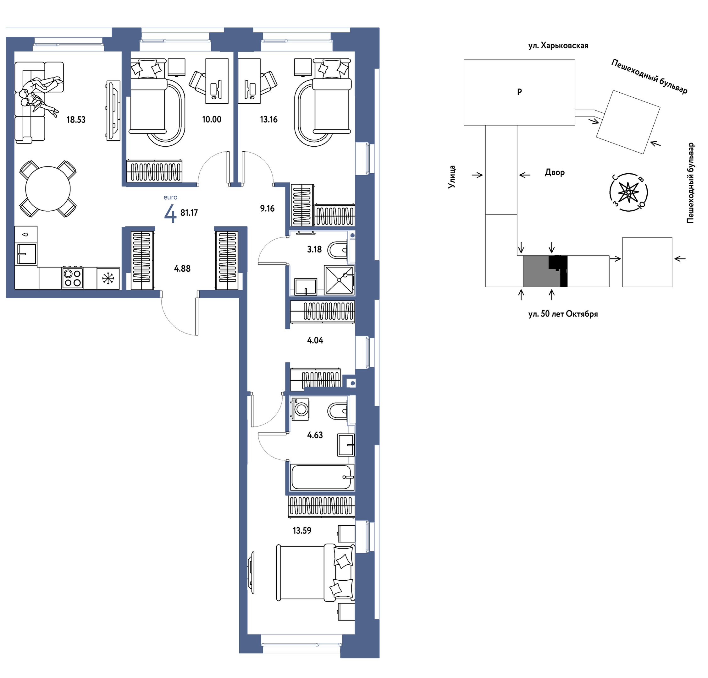 Планировка: 4-комнатная евро 81.2 м² в ЖК Сердце Сибири, Центр: КПД