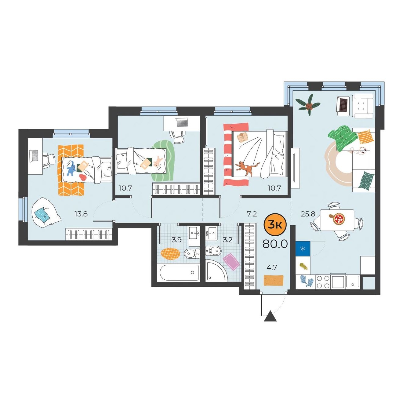 Планировка: 4-комнатная евро 80 м² в ЖК Корней, Южный