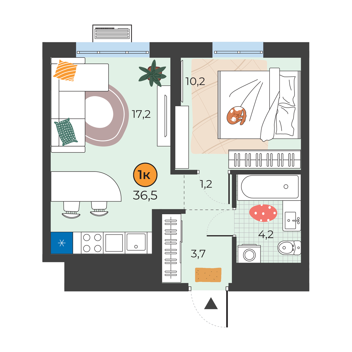 Планировка: Евродвушка 36.5 м² в ЖК Корней, Южный