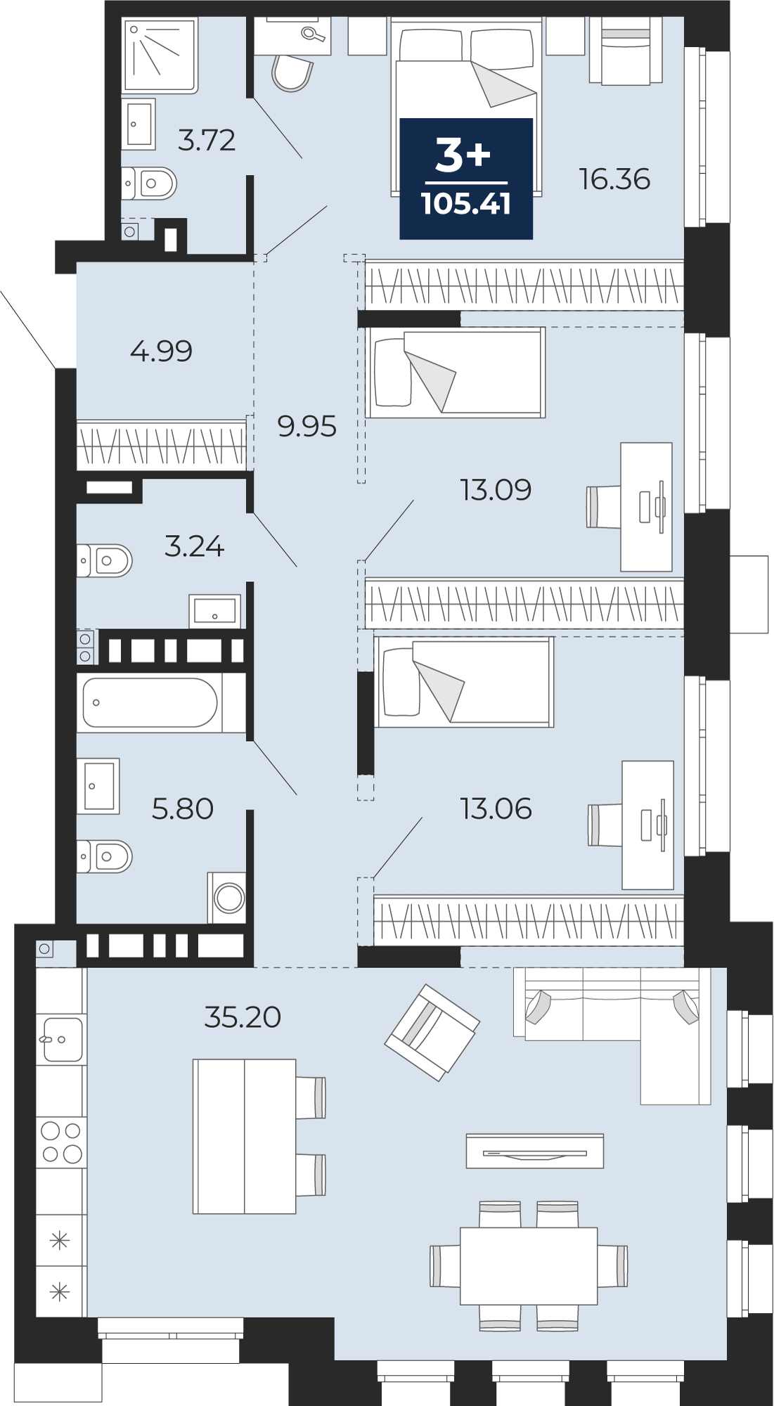 Планировка: 4-комнатная евро 105.4 м² в ЖК Айвазовский, 5-й Заречный