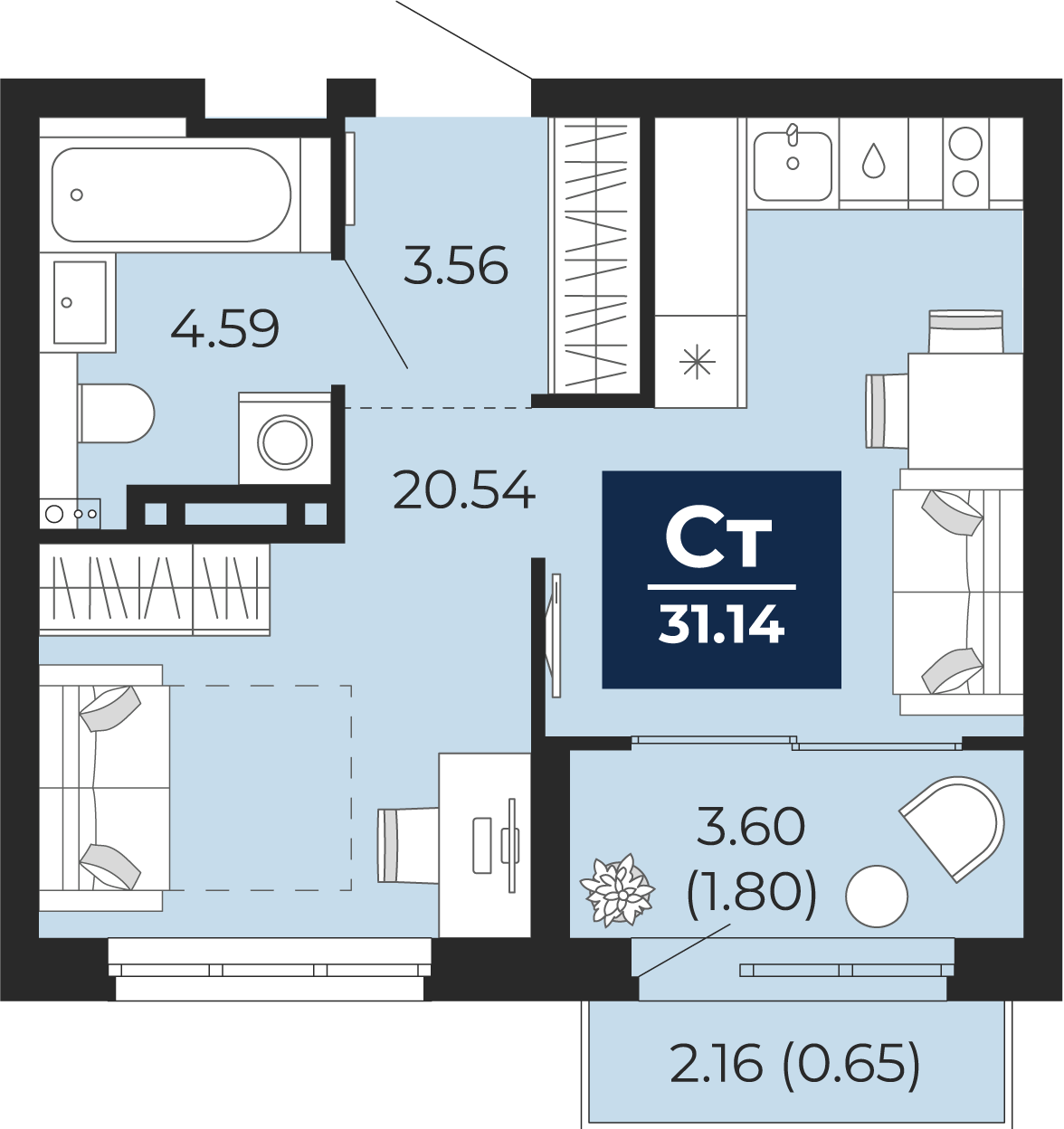 Планировка: Студия 28.7 м² в ЖК Беринг, Лесобаза