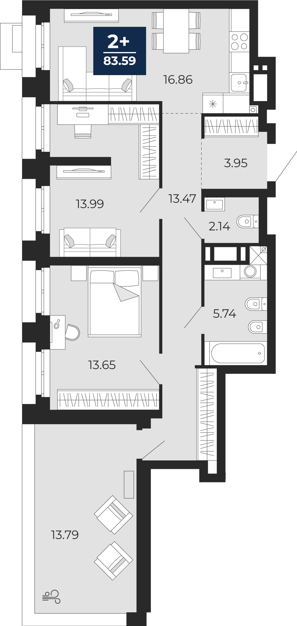 Планировка: Евротрешка 69.8 м² в ЖК Айвазовский, 5-й Заречный