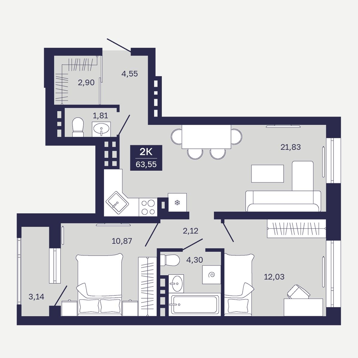 Планировка: Евротрешка 63.5 м² в ЖК Дом на Ямской, Дом Обороны