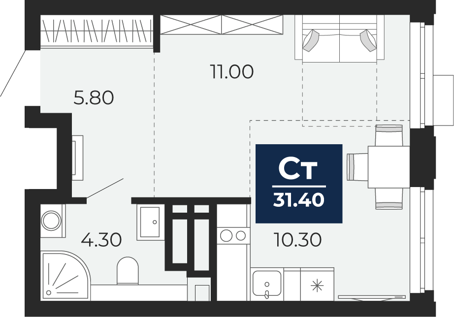 Планировка: Студия 31.4 м² в ЖК Айвазовский, 5-й Заречный