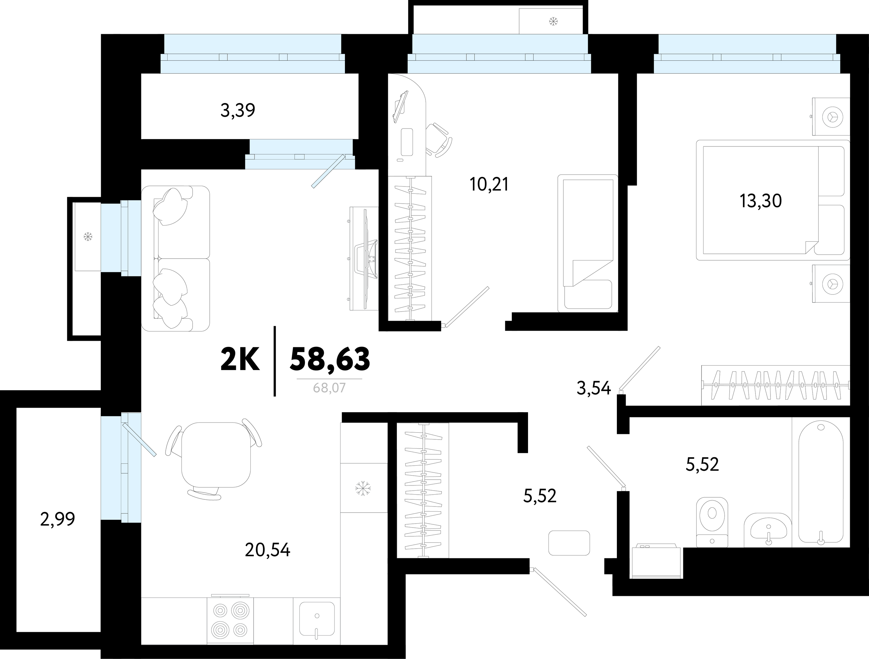 Планировка: Евротрешка 58.6 м² в ЖК Символ, Комарово Парк