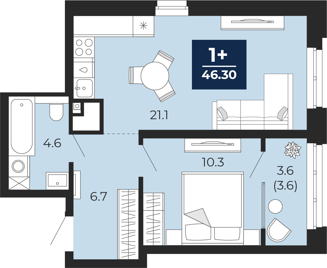 Планировка: Евродвушка 46.3 м² в ЖК Мириады, Мыс
