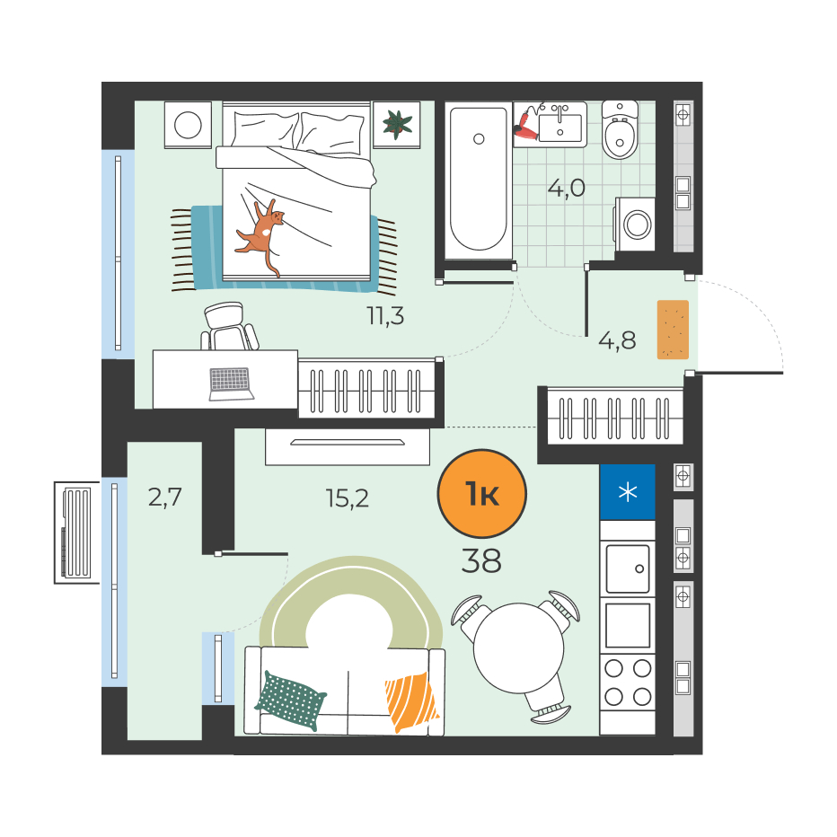 Планировка: Евродвушка 35.3 м² в ЖК Корней, Южный