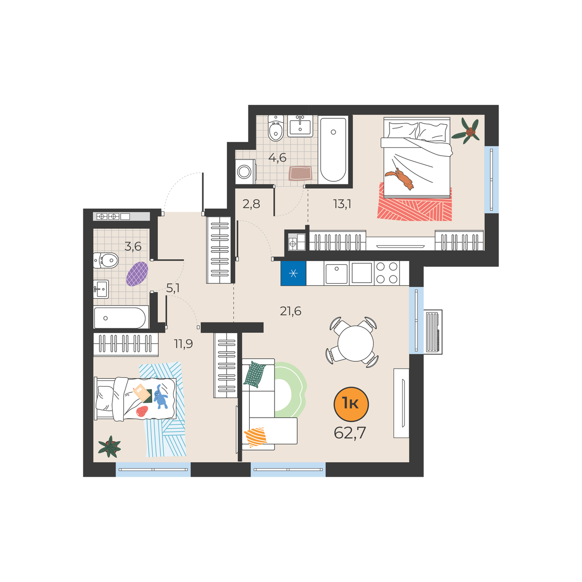 Планировка: Евротрешка 62.7 м² в ЖК Корней, Южный