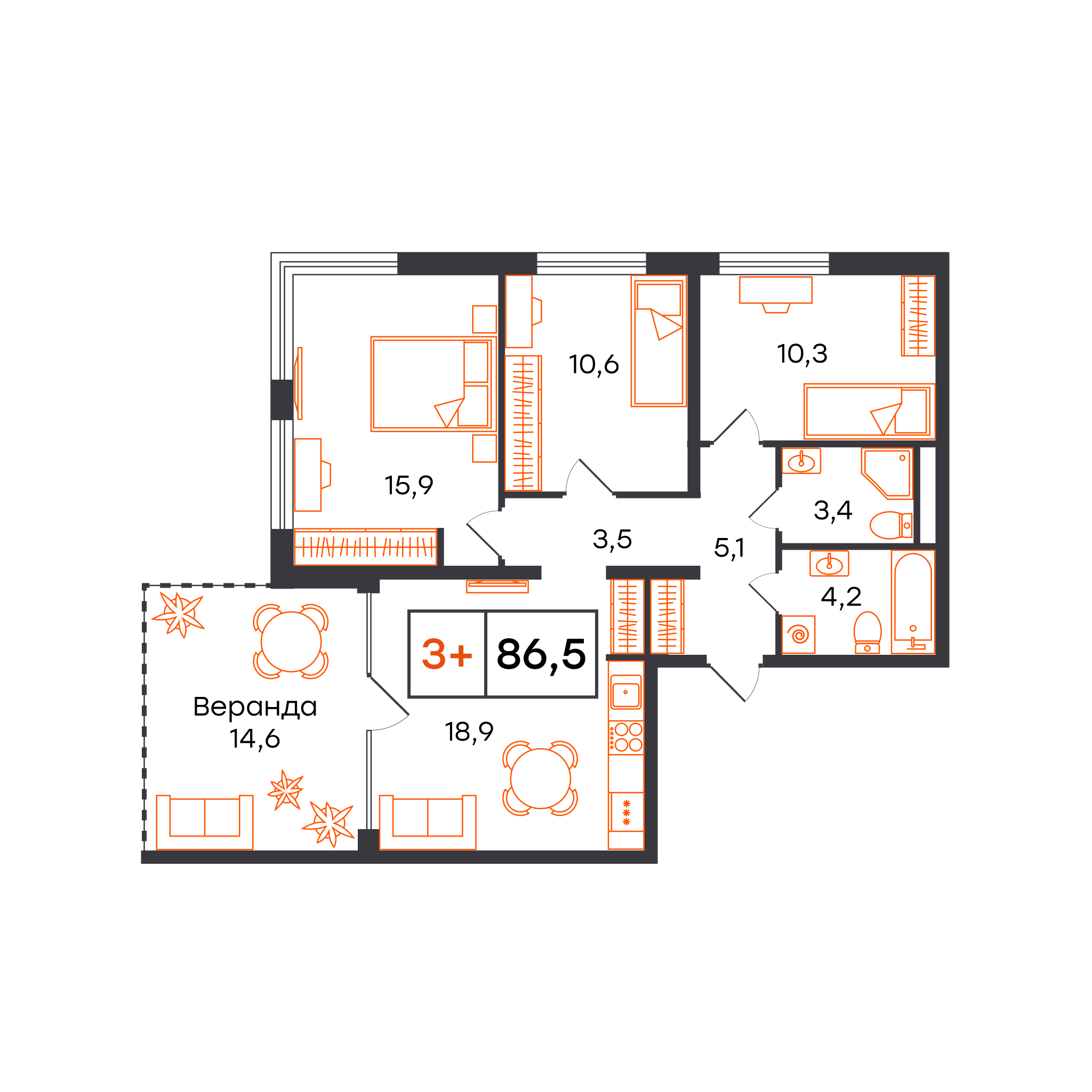 Планировка: 4-комнатная евро 86.5 м² в ЖК Чемпионский, Чемпионский