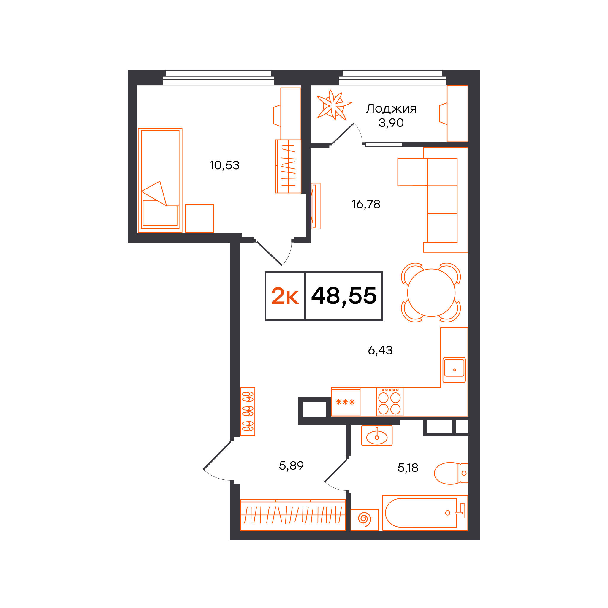 Планировка: Евродвушка 48.5 м² в ЖК Отличие, Комарово Парк